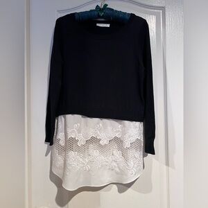 Sandro Paris Women’s 2 in 1 Layered Sweater Pullover Crew Neck Black White S-M